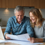 Couple de milieu d'âge revisant documents de rénovation maison