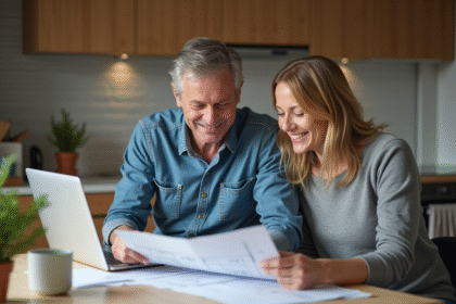 Couple de milieu d'âge revisant documents de rénovation maison