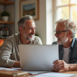 Couple souriant à la maison examine des documents financiers