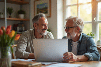 Couple souriant à la maison examine des documents financiers