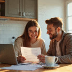 Jeune couple souriant à la cuisine pour un prêt immobilier
