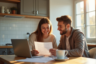 Jeune couple souriant à la cuisine pour un prêt immobilier