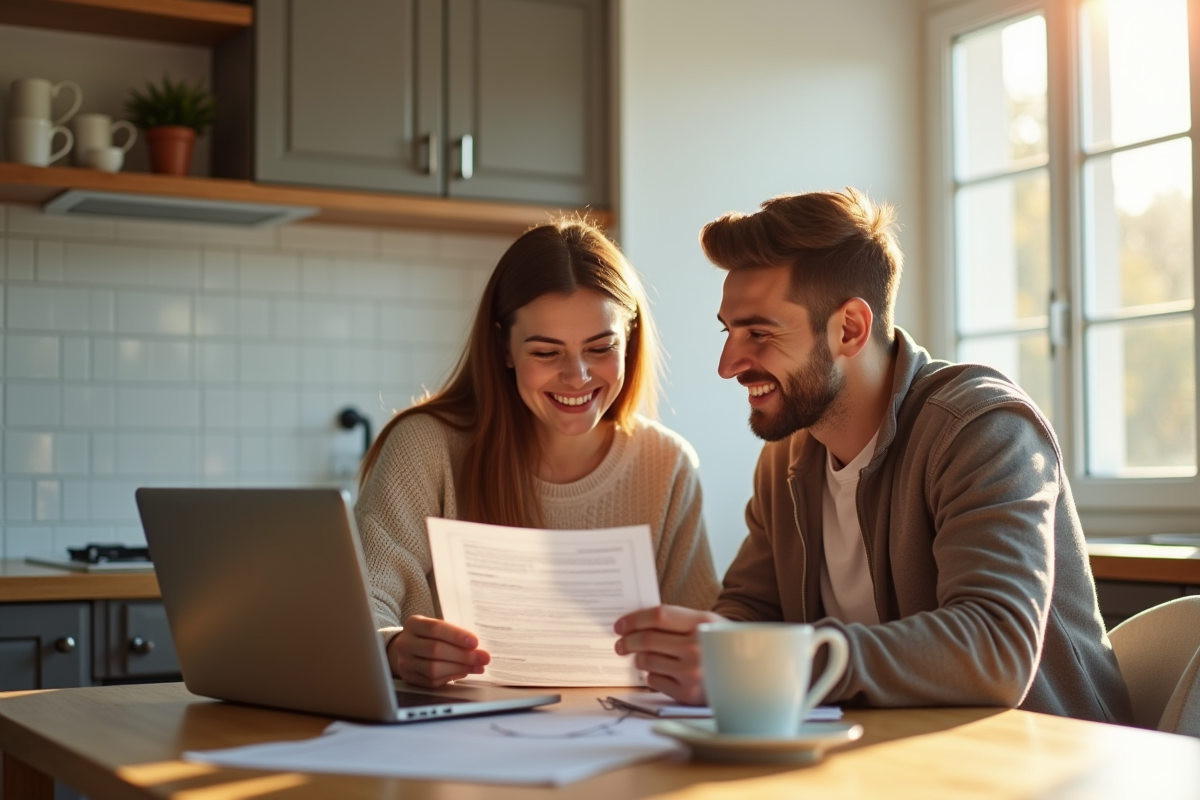 Jeune couple souriant à la cuisine pour un prêt immobilier