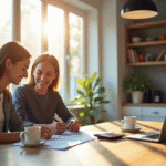 Jeune couple souriant préparant un prêt immobilier à la maison
