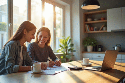 Jeune couple souriant préparant un prêt immobilier à la maison