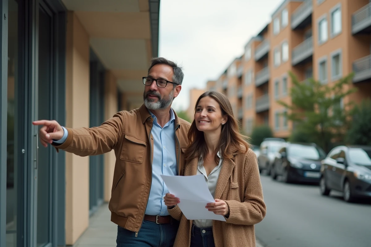 Couple évaluant un immeuble locatif en milieu urbain avant un achat immobilier sécurisé