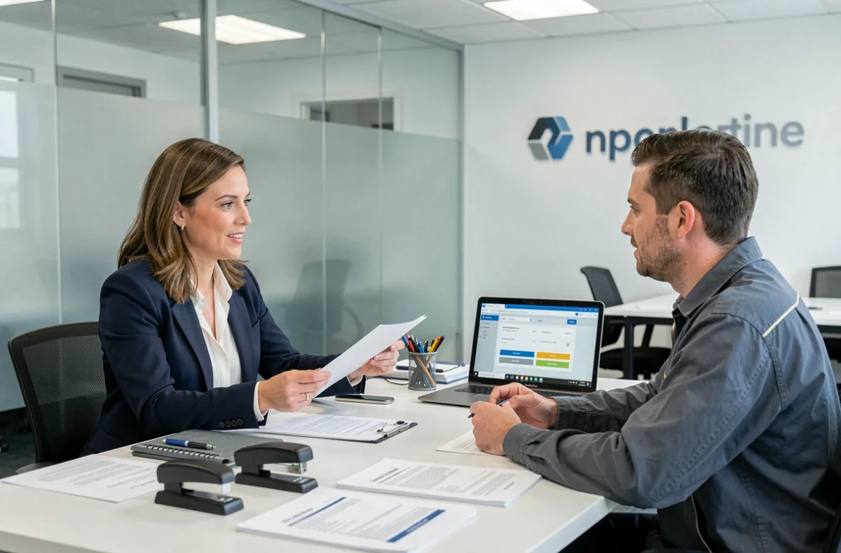 Courtière en assurance expliquant les garanties décennales à un entrepreneur dans une agence moderne