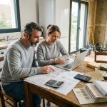 Couple étudiant un dossier de crédit travaux pour financer l'isolation de leur maison et réduire leur facture d'énergie