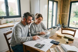 Couple étudiant un dossier de crédit travaux pour financer l'isolation de leur maison et réduire leur facture d'énergie