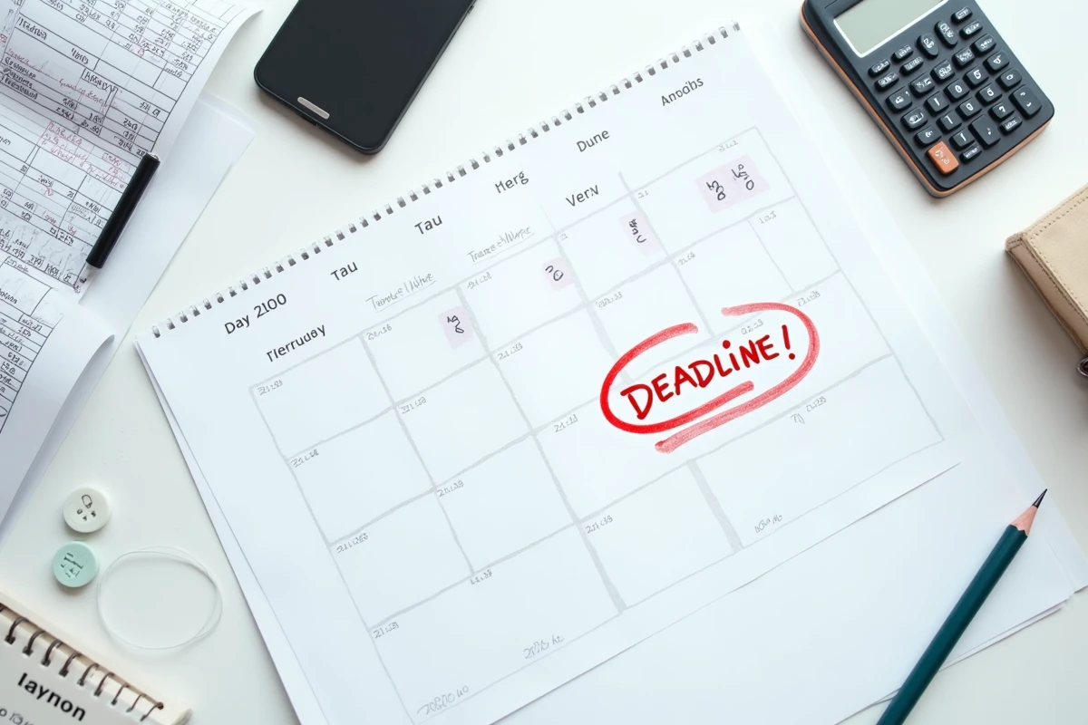 Vue aérienne d'un bureau d'auto-entrepreneur avec calendrier, calculatrice et documents comptables marquant une date limite 2026