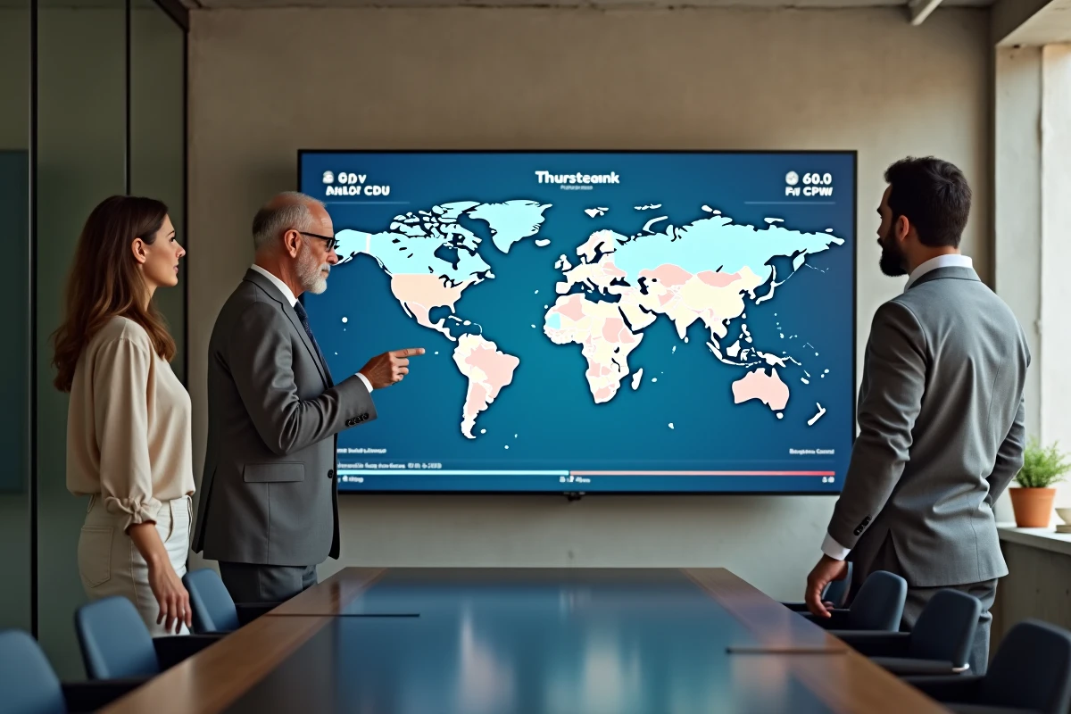 Groupe de professionnels débattant des limites du classement PIB mondial sur un écran interactif