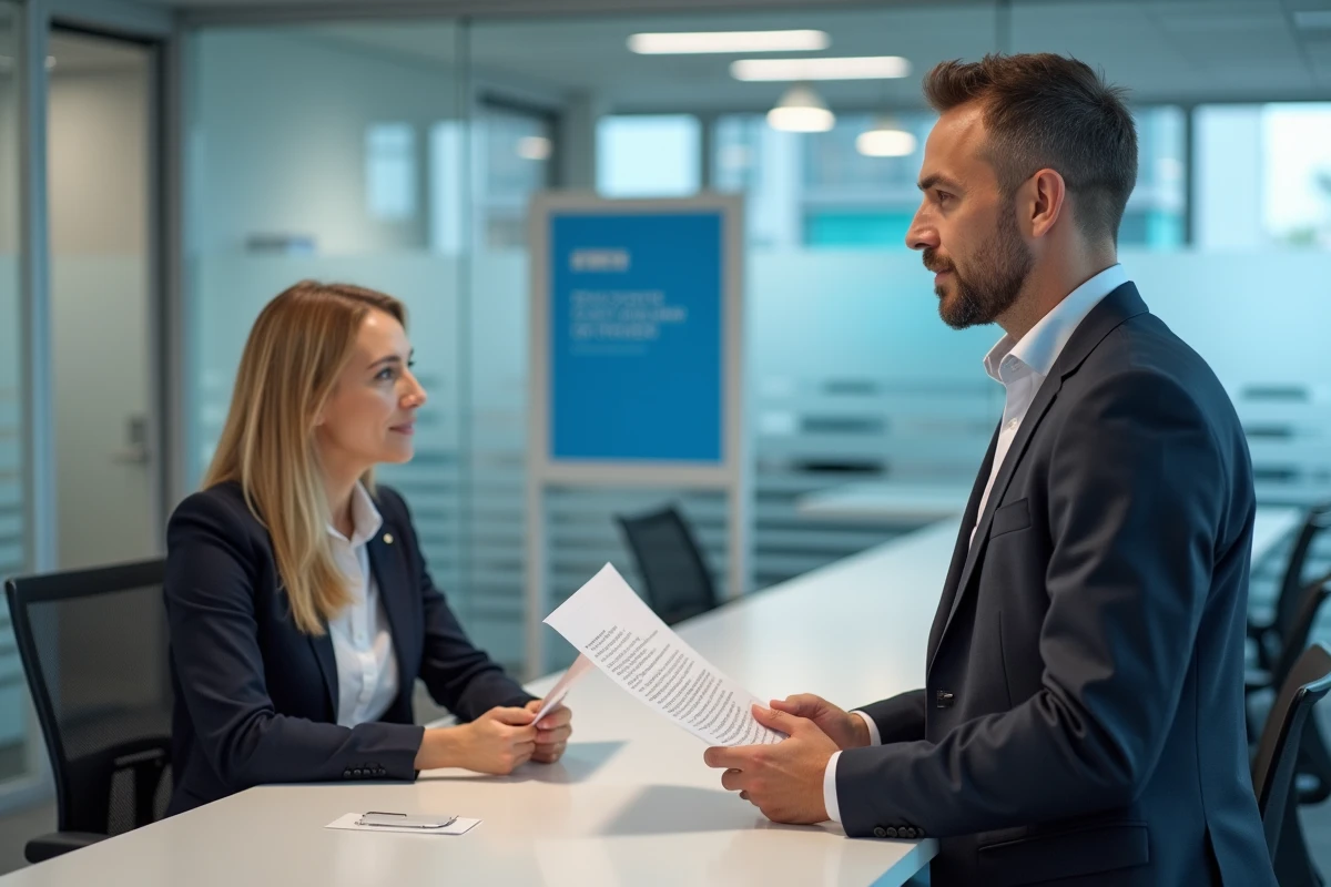 Homme en démarche auprès d'un conseiller Pôle emploi pour résoudre un problème de paiement d'allocation chômage