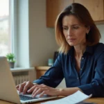 Femme examinant un relevé de compte bancaire en ligne pour détecter une opération frauduleuse sur son compte Crédit Agricole du Nord Est