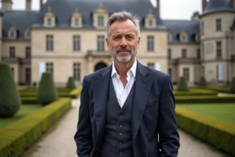 Portrait d'un dirigeant d'entreprise devant un château historique évoquant le Puy du Fou et la richesse patrimoniale française