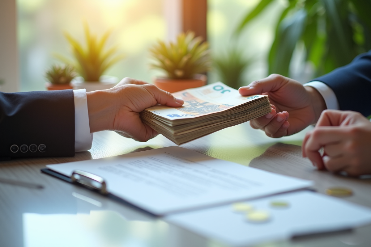 Echange de billets et contrat sur un bureau lumineux