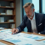 Économiste analysant le classement du PIB 2026 sur des graphiques imprimés dans un bureau de recherche moderne
