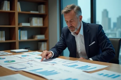 Économiste analysant le classement du PIB 2026 sur des graphiques imprimés dans un bureau de recherche moderne