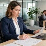 Employée de Société Générale consultant des documents RH liés aux avantages salariaux dans un open space moderne