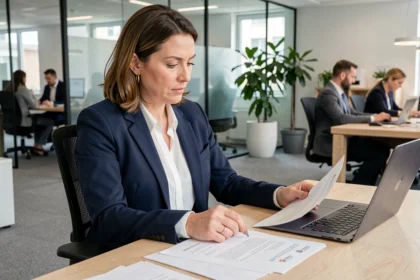 Employée de Société Générale consultant des documents RH liés aux avantages salariaux dans un open space moderne