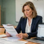 Enseignante certifiée comparant des grilles de salaire de professeur des écoles sur son bureau à l'école