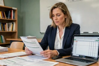 Enseignante certifiée comparant des grilles de salaire de professeur des écoles sur son bureau à l'école