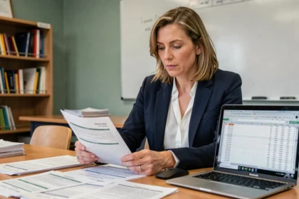Enseignante certifiée comparant des grilles de salaire de professeur des écoles sur son bureau à l'école