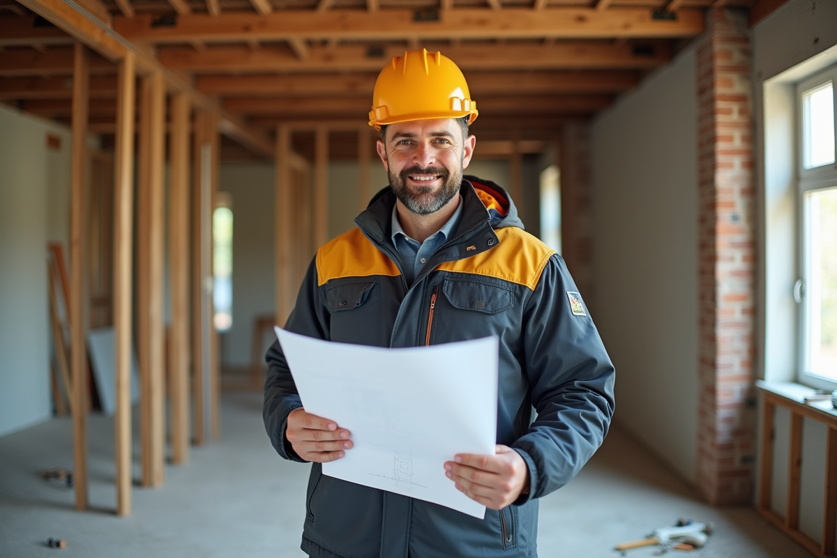 Entrepreneur en rénovation tenant plans dans pièce en travaux