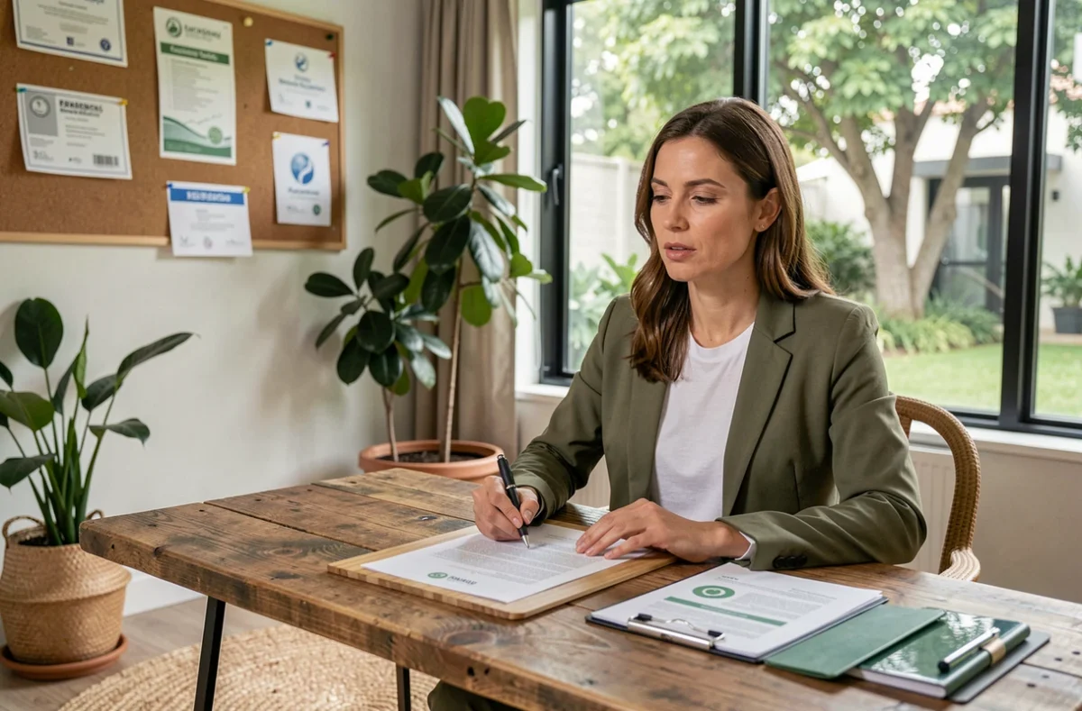 Conseillère d'Ethic Assurance dans un bureau éco-responsable présentant une approche éthique de la gestion patrimoniale
