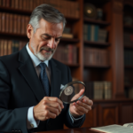 Expert en costume examine une pièce de monnaie en argent
