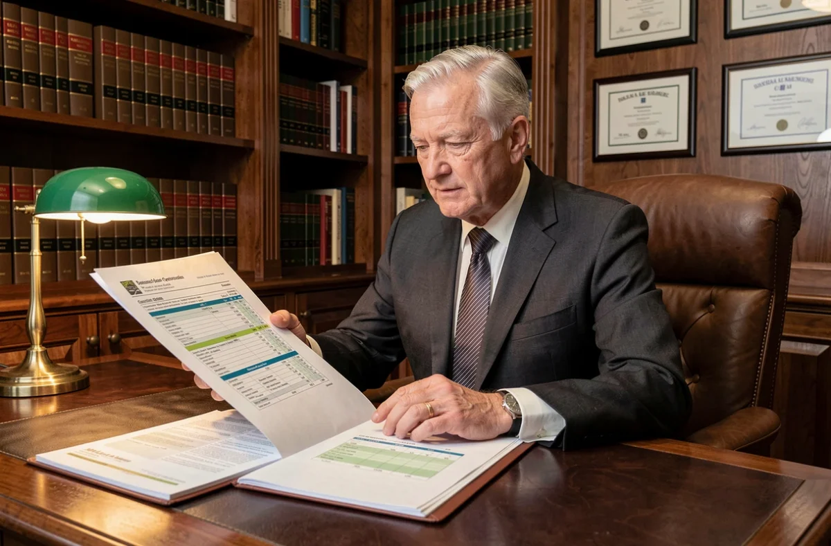 Expert-conseil Exponens examinant un dossier fiscal et financier pour un investissement locatif dans un cabinet professionnel