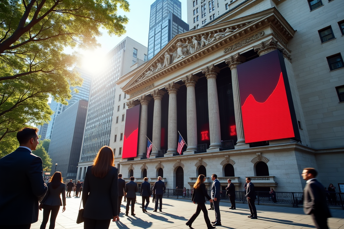 Groupe de personnes discutant devant une bourse en plein jour