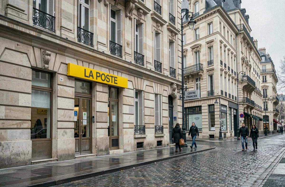 Façade d'une agence La Poste et d'un Centre Financier La Banque Postale situés à des adresses distinctes dans une ville française