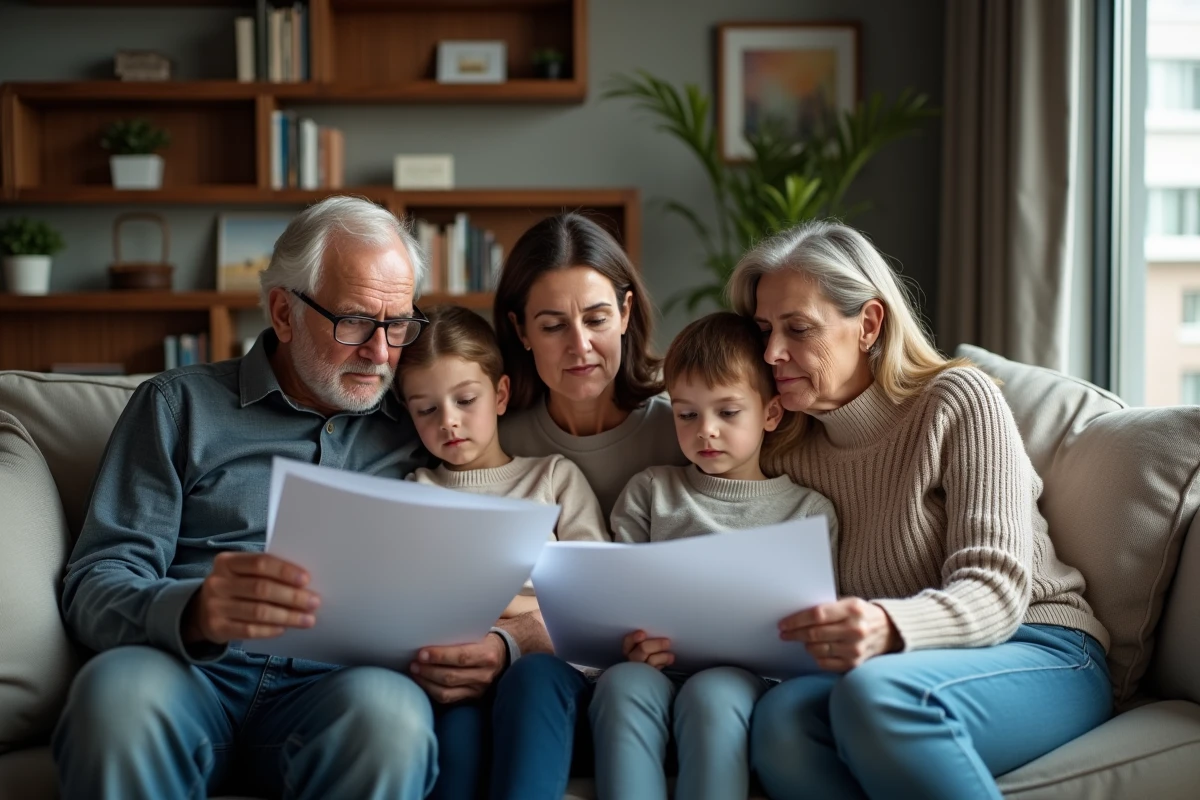 Famille multigeneration lisant des papiers importants dans le salon