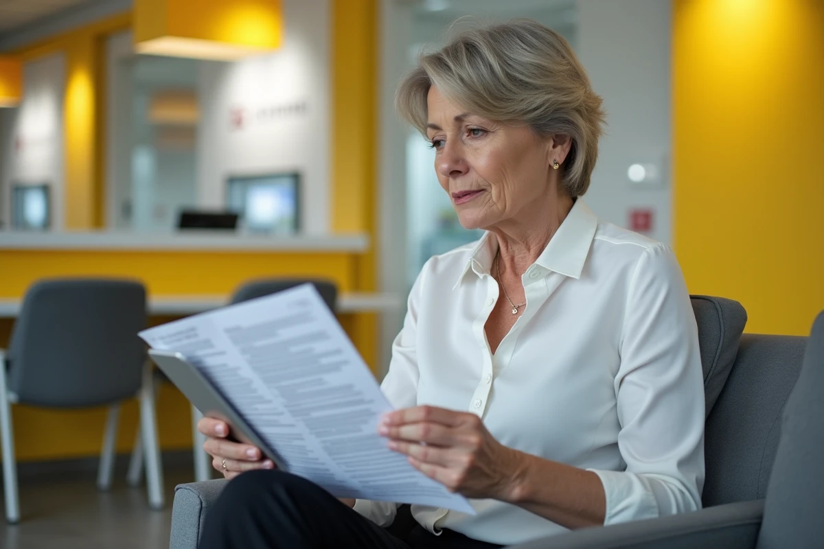 Femme consultant une FAQ sur les problèmes d'accès e.cb dans une agence La Banque Postale