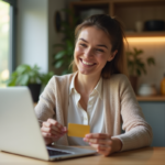 Femme souriante activant sa carte bancaire sur son ordinateur