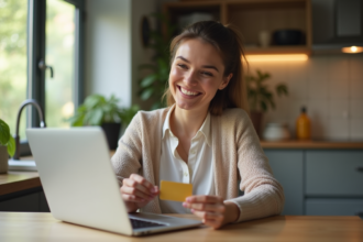 Femme souriante activant sa carte bancaire sur son ordinateur