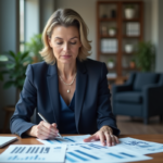 Femme d'affaires en costume bleu analysant des chiffres