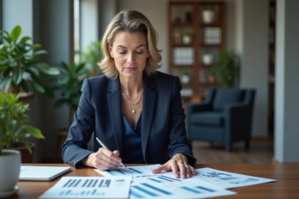 Femme d'affaires en costume bleu analysant des chiffres
