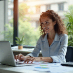 Femme d'affaires analysant flux de caisse dans un bureau lumineux
