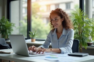 Femme d'affaires analysant flux de caisse dans un bureau lumineux