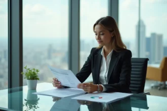 Femme d'affaires confiante en réunion dans un bureau moderne