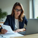 Femme d'affaires examinant une facture avec des délais de paiement dans un bureau moderne