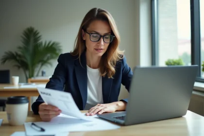Femme d'affaires examinant une facture avec des délais de paiement dans un bureau moderne