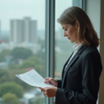 Femme d'affaires pensive dans un bureau moderne sous la pluie