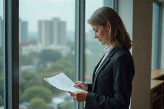 Femme d'affaires pensive dans un bureau moderne sous la pluie