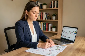 Femme analysant des graphiques boursiers sur ordinateur portable pour débuter en bourse avec Air Liquide