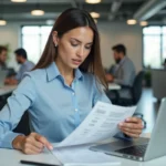 Femme cadre analysant sa fiche de paie de 1800 euros bruts dans un bureau moderne
