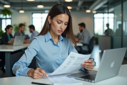 Femme cadre analysant sa fiche de paie de 1800 euros bruts dans un bureau moderne