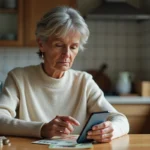 Femme réfléchissant à des anciens francs avec smartphone