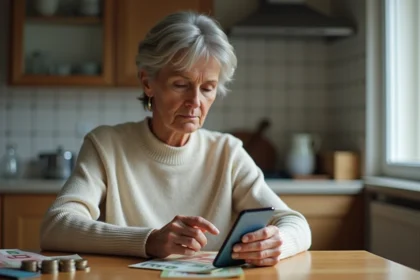 Femme réfléchissant à des anciens francs avec smartphone
